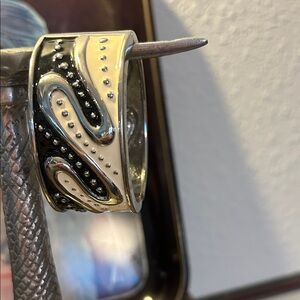 Elegant Silver Tone Black and Cream Clamper Bracelet Mothers Day, Goth